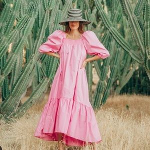 Pink Puff-sleeved Cotton Dress
